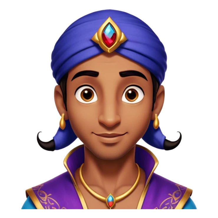 Cinematic Realistic Aladdin Portrait, head tilted playfully and inquisitively, showcasing his roguish charm and bright, mischievous eyes. His signature attire is rendered in exquisite detail with dynamic natural highlights, and a hint of magic sparkles about him—embodying a youthful, adventurous energy with friendly power. sticker