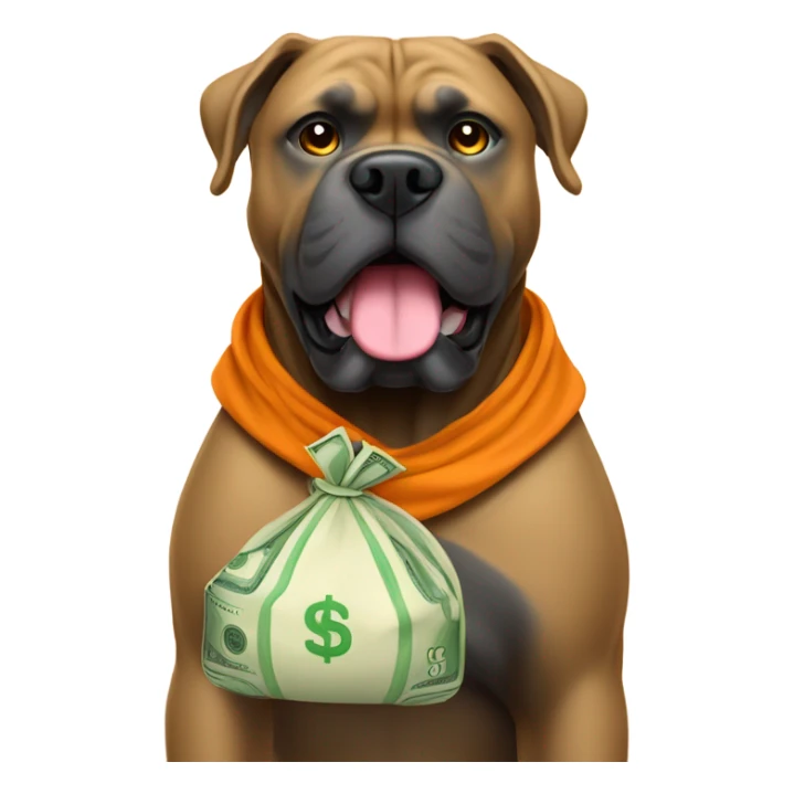 An orange - colored Cane Corso with a bag of money. sticker