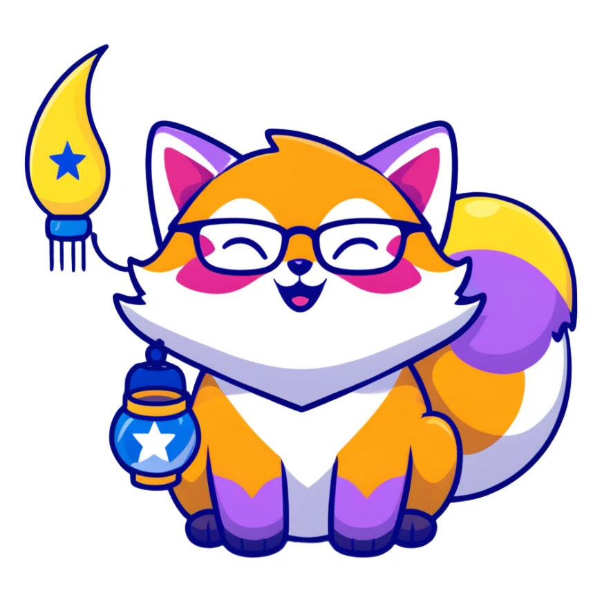 magical fox with purple and blue fur, glowing tail, star on forehead, round glasses, tiny lantern, laughing joyfully sticker