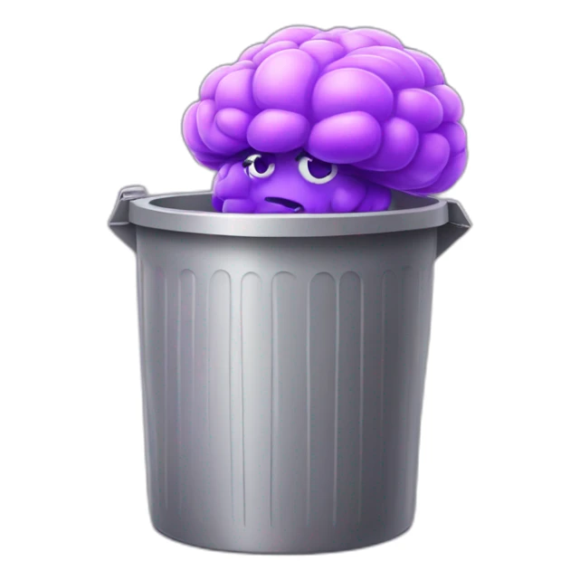 trash can with big purple brain instead of the lid, smiling face on the trash can sticker