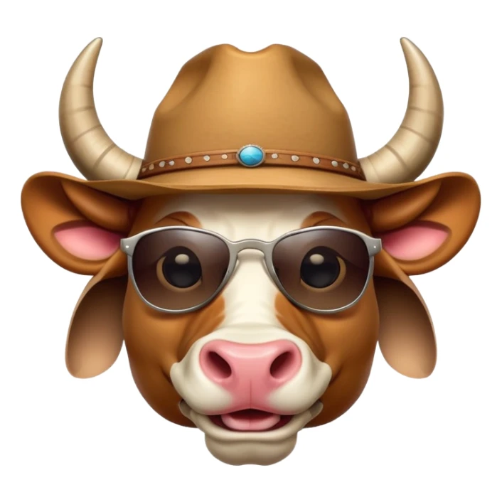 friendly anthropomorphised bull head with horns, wearing sunglasses and a cowboy hat sticker