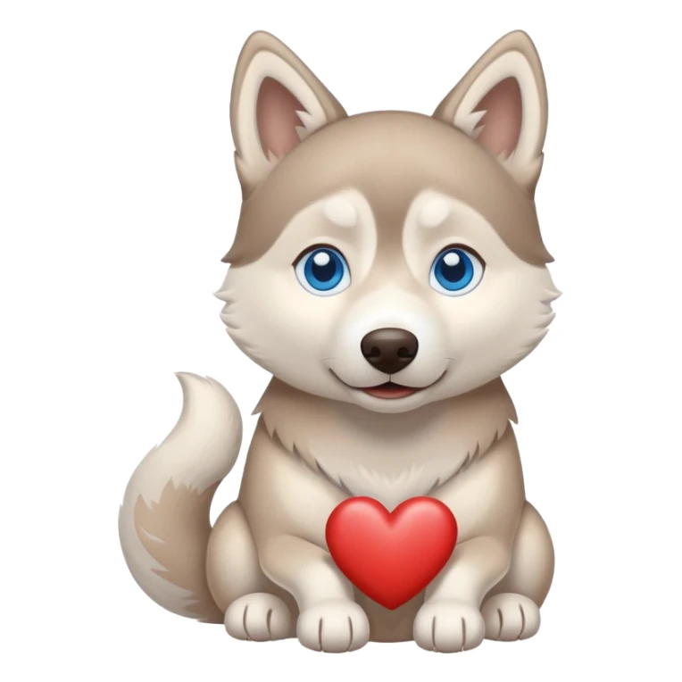 Beige husky with blue eyes holding a brown heart sticker