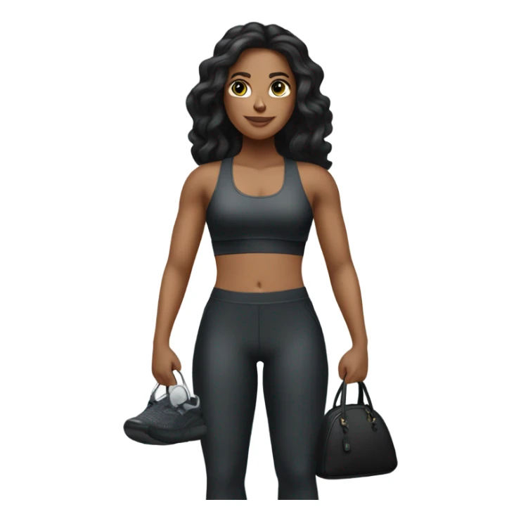 a white woman with black long hair wearing a workout set and having a designer purse on her hand  sticker