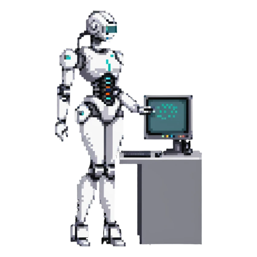 Curvy female robot with computer monitor head, stylish outfit sticker