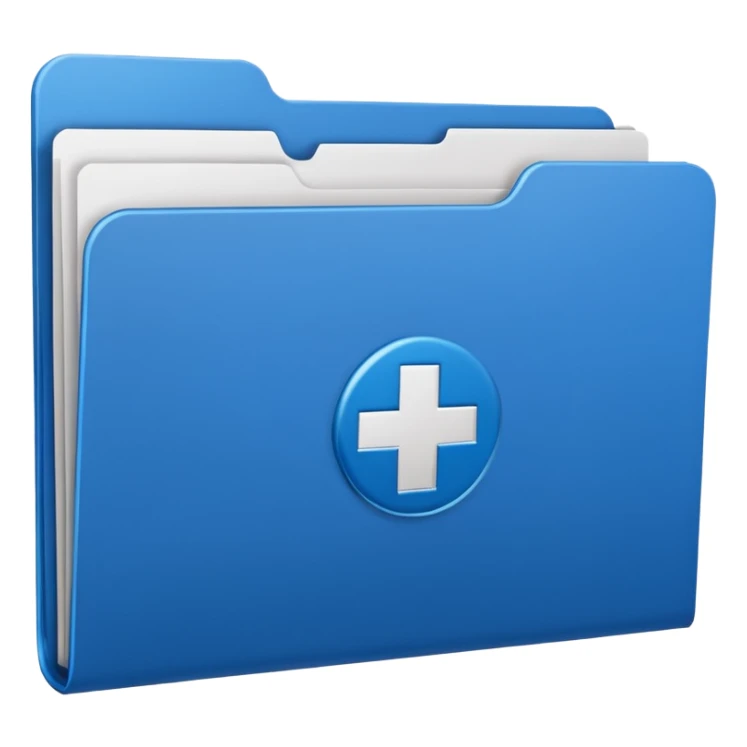 A simple emoji-style icon of a blue multipocket folder, clean and minimal, with layered inner tabs, subtle shading, and a small health/medical documents symbol on the front sticker