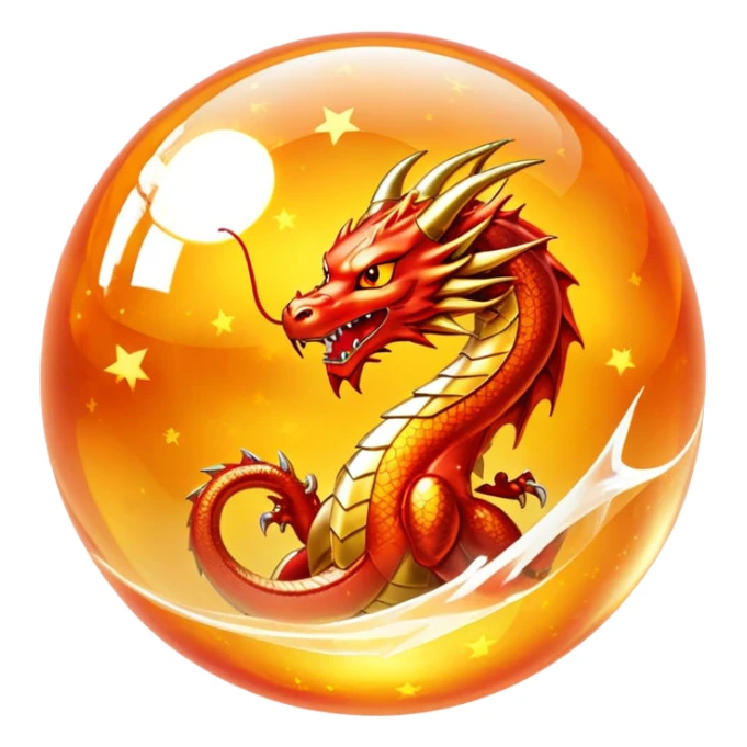 Orange crystal Dragon Ball with red stars inside, glowing golden orb with visible red stars, classic anime style sticker