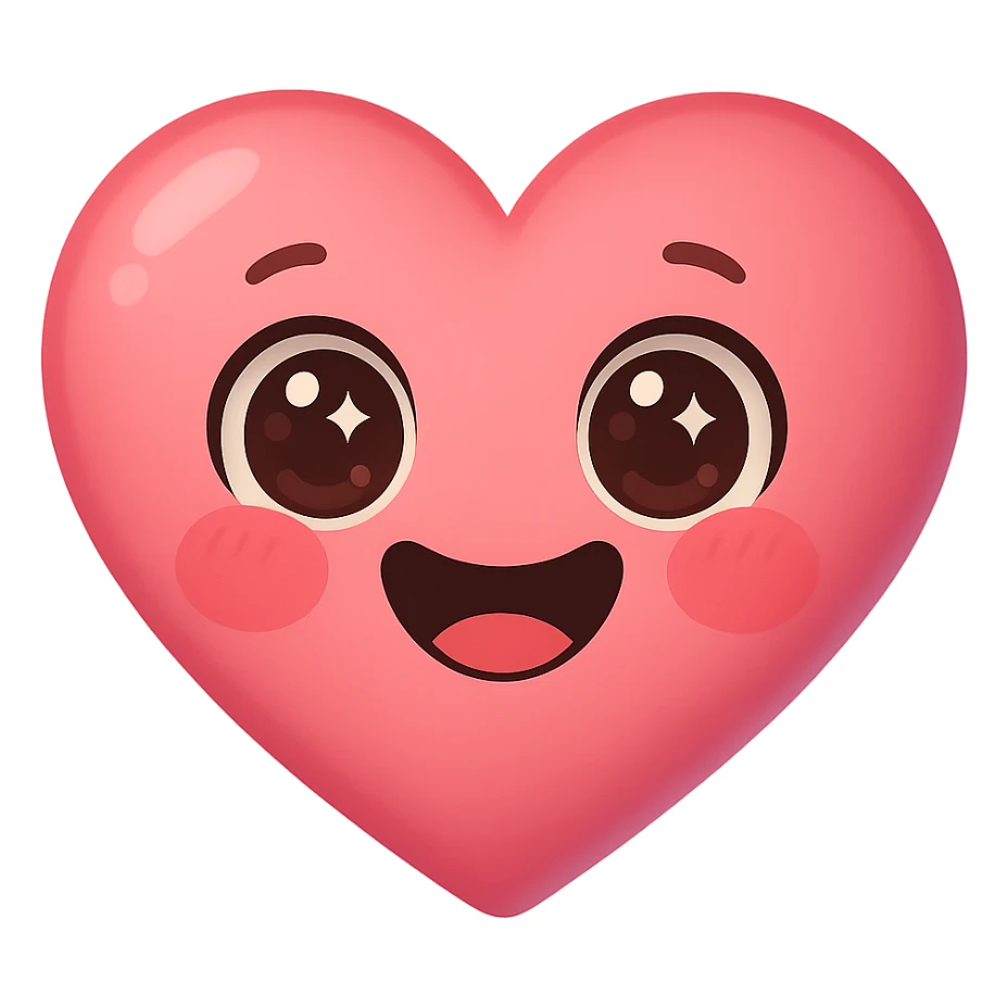 a new cute pink emoji, heart-shaped, big eyes, smiling, blushing cheeks sticker