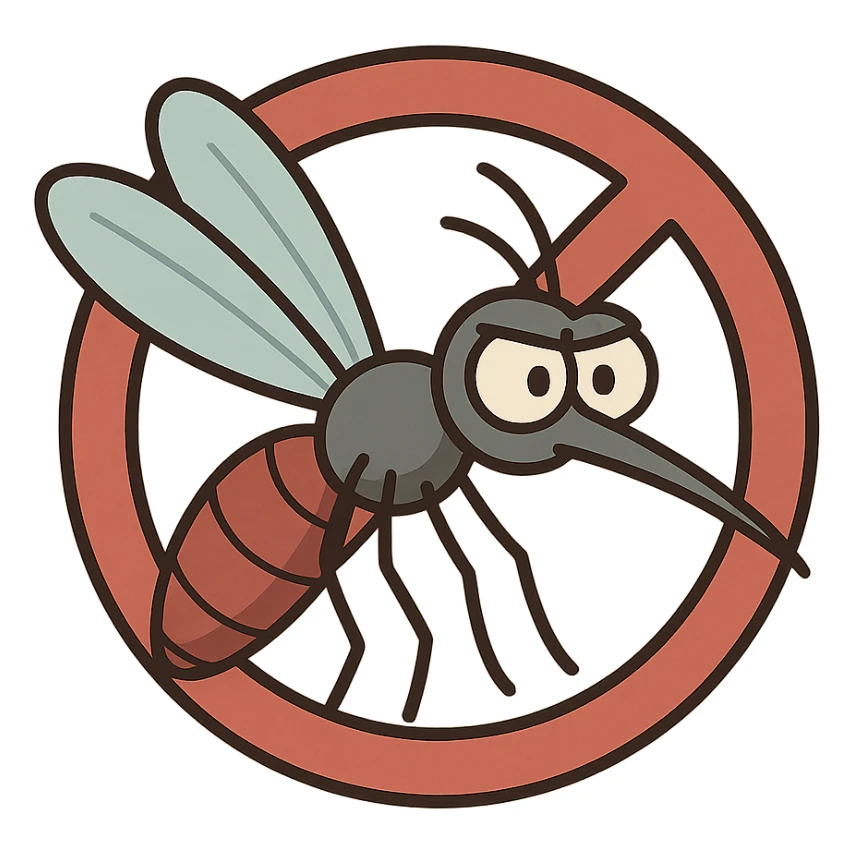 clean simple cartoon-style mosquito with a red prohibition sign circle with diagonal line over it, easy to recognize, suitable for icons or stickers sticker