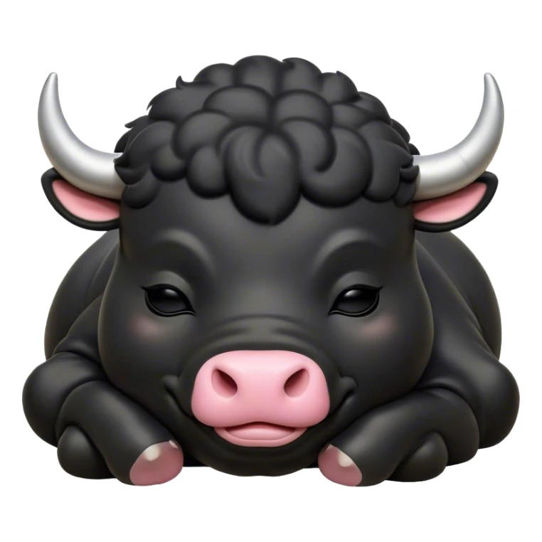 Meme-Worthy Cute Sleeping Black Bull Portrait Emoji, Head resting peacefully with a contented smile, showcasing a robust, massive build and a luxuriously soft pure black hide, eyes shut in a serene, restful nap, Simplified yet hilariously adorable features, highly detailed, glowing with a soft, drowsy light, high shine, relaxed and utterly lovable, stylized with an air of playful laziness, bright and heartwarming, soft glowing outline, capturing the essence of a comically sleepy guardian, so meme-worthy it feels like it could instantly become the next viral sensation of adorable slumber! sticker