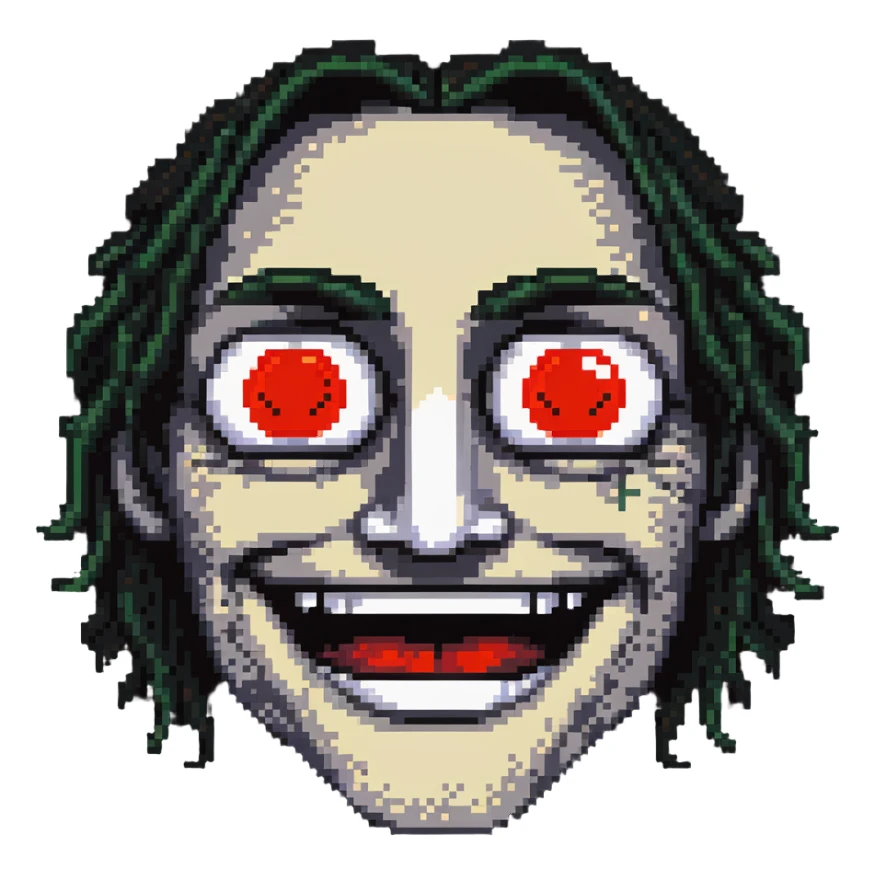 A pixelated face with droopy eyelids, bloodshot eyes, and a blissful smile - looking high and stoned sticker