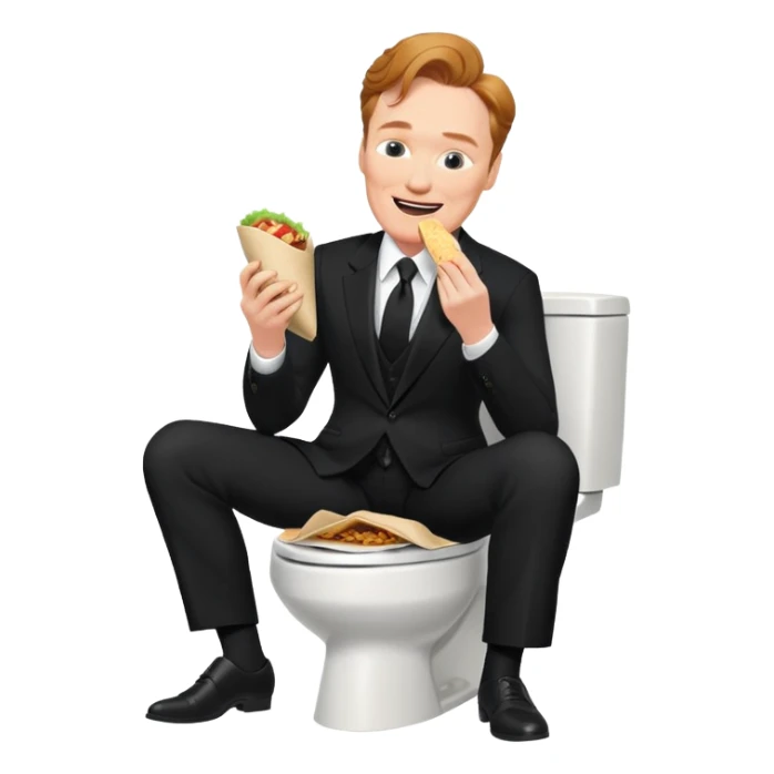 happy conan obrien in a black suit eating a burrito while sitting on a toilet sticker