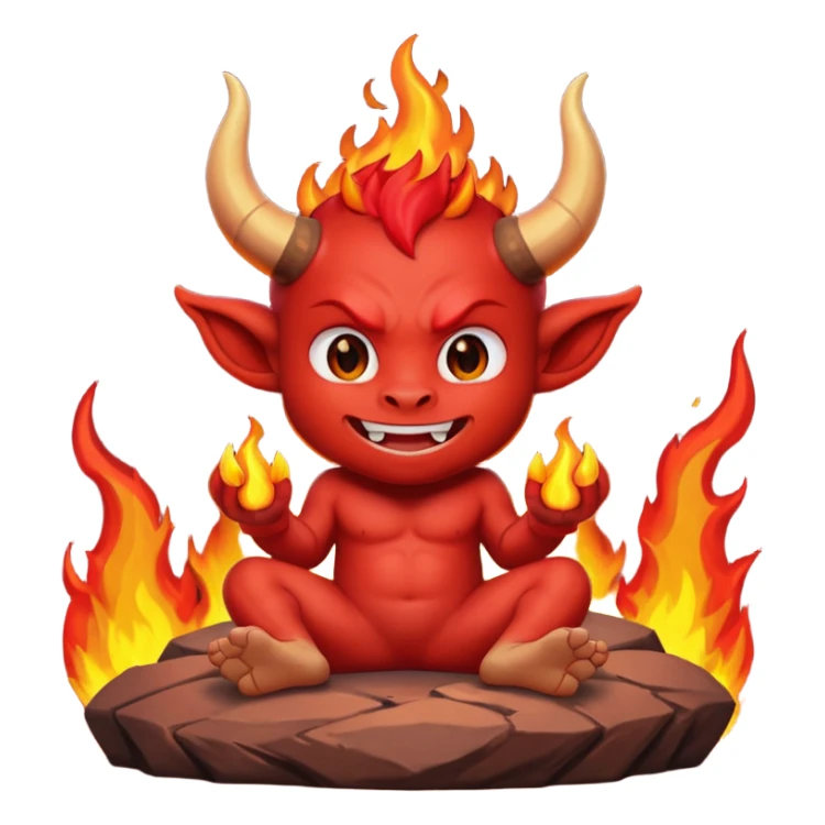 a Red devil, short horn Chibi red demon sitting on fire rock sticker