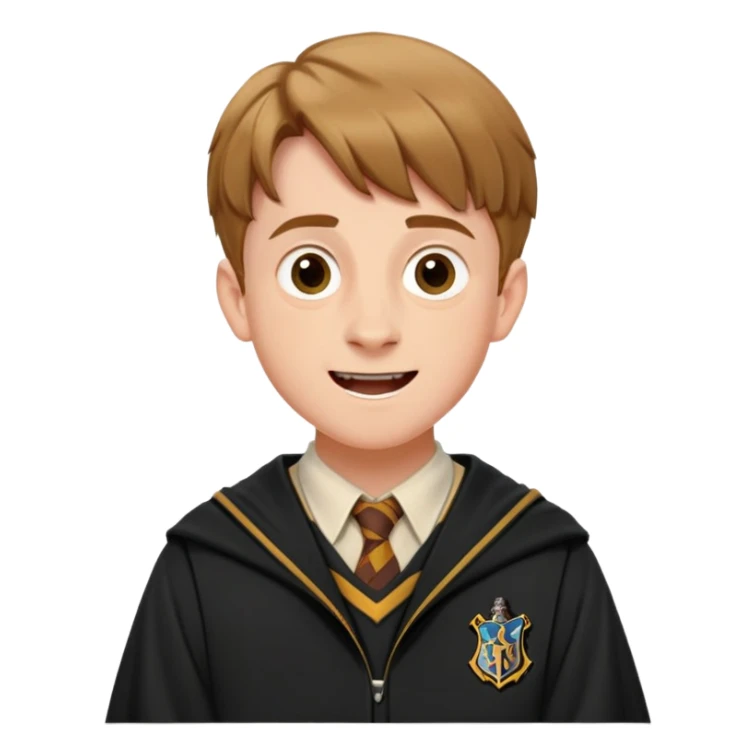 Hugh Mitchell is Colin Creevey in harry potter, wear hogwarts uniform,  Short light brown hair, small and skinny, wide mouth, with a perpetual look of excitement on his face. sticker