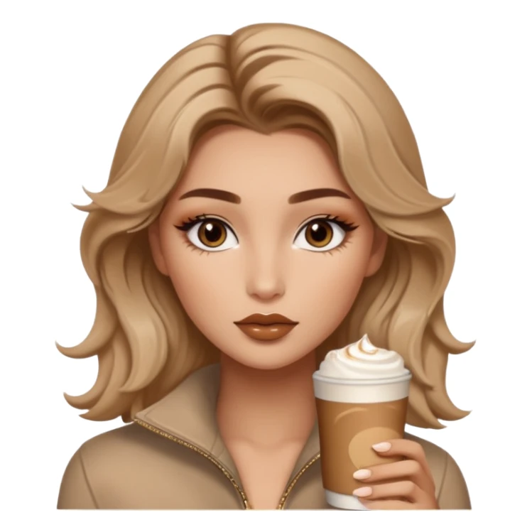 “A cozy, warm-toned emoji girl with soft bronzy eyeshadow, fluffy brows, caramel shimmer, glossy nude lips, light contour, and tousled hair — latte-inspired look.” like belle hadid sticker