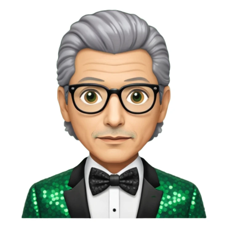 Jeff Goldblum with gray hair, dark green sequin suit with bow tie sticker