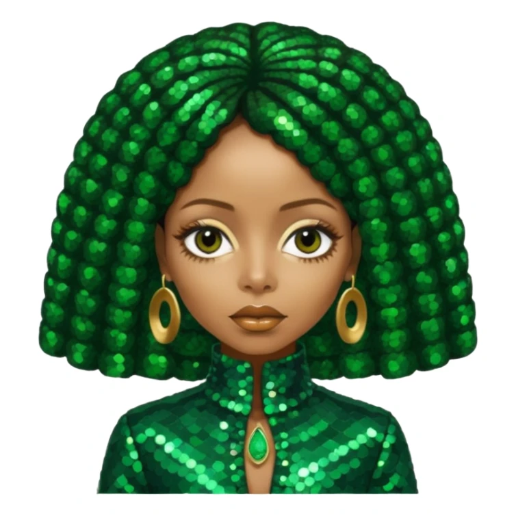 Erykah Badu with dark brown hair, dark green sequin outfit sticker