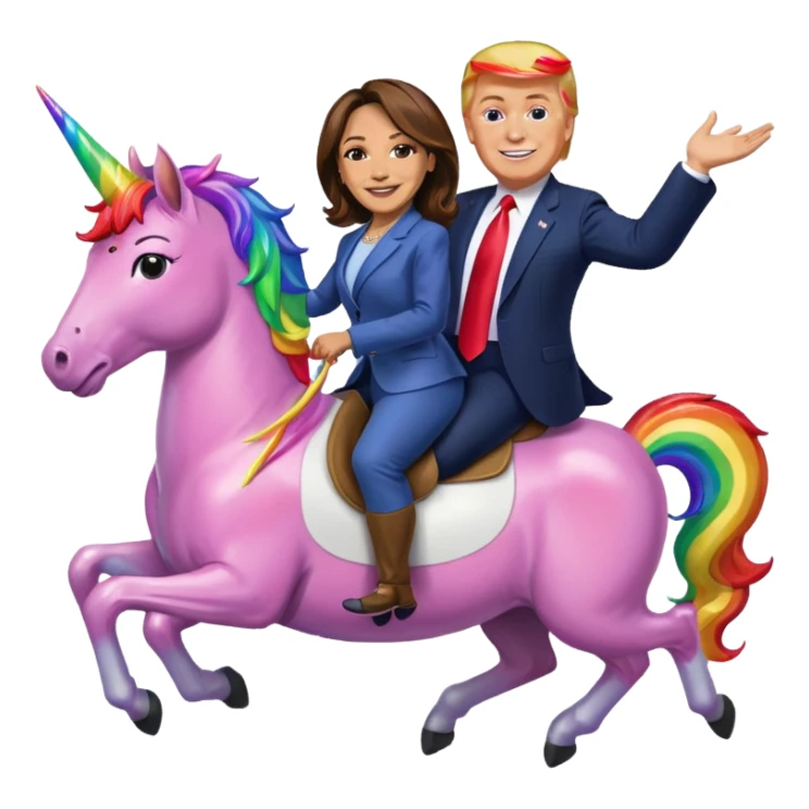 Kamala Harris and donald trump riding a rainbow unicorn sticker