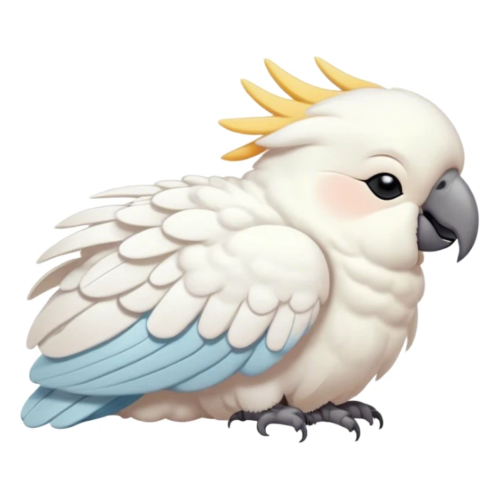 Meme-Worthy Cute Sleeping Cockatoo Portrait Emoji, Head resting peacefully with a contented smile, showcasing a softly feathered body with a gently drooping crest and eyes closed in serene slumber, Simplified yet adorably endearing features, highly detailed, glowing with a soft, drowsy tropical light, high shine, relaxed and utterly lovable, stylized with an air of playful laziness, soft glowing outline, capturing the essence of a sleeping cockatoo that feels destined to become the next viral icon of adorable rest! sticker