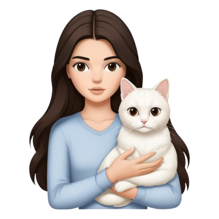 brunette Kendall Jenner with long hair holding on the hands white cat sticker
