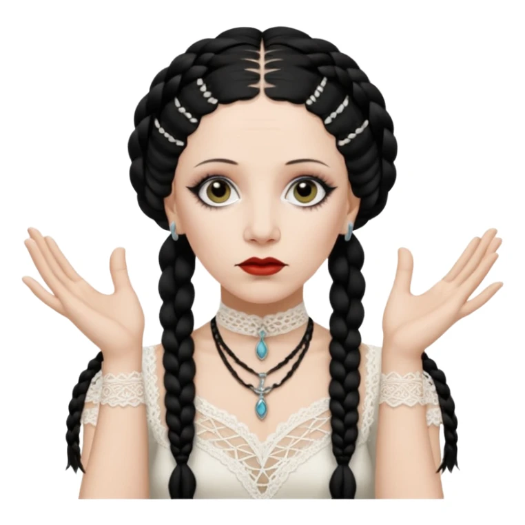 Lene Lovich as seen on the Stateless album cover with a typical symmetrical pose with her hands, lots of lace and braided hair sticker