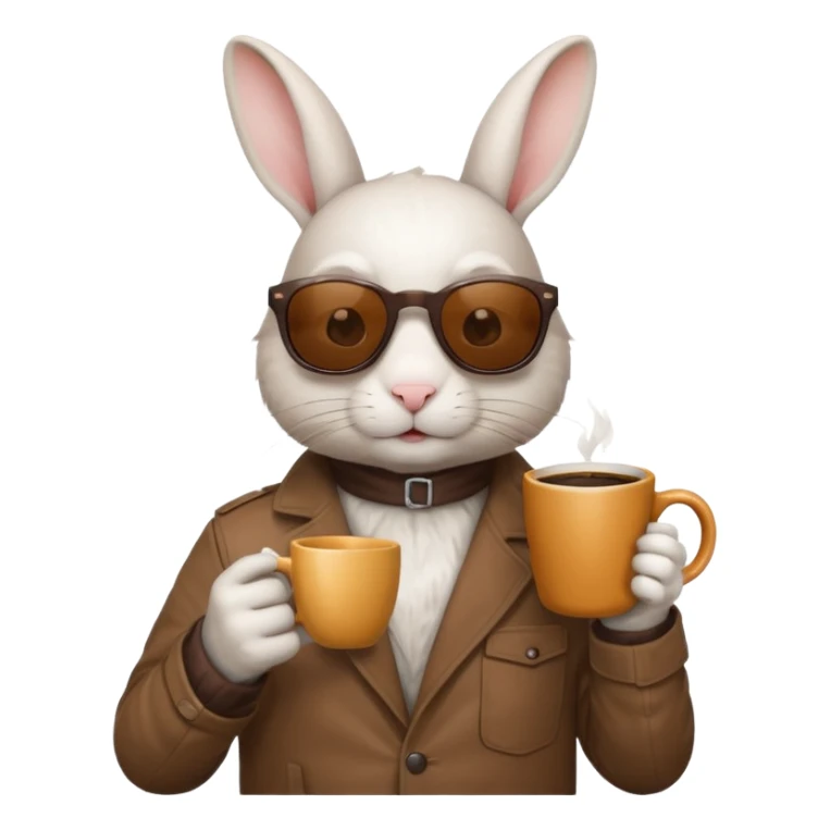 White rabbit, wearing brown jacket, sunglasses, holding coffee mug sticker