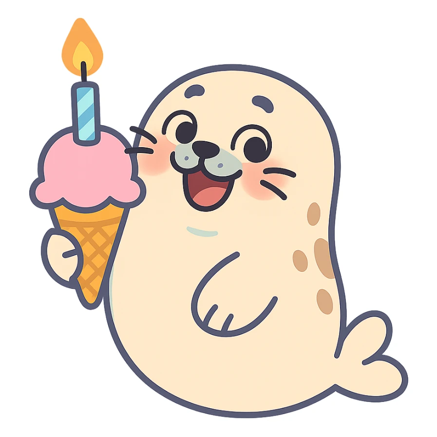 chubby seal holding ice cream cone with candle, pastel-toon style sticker