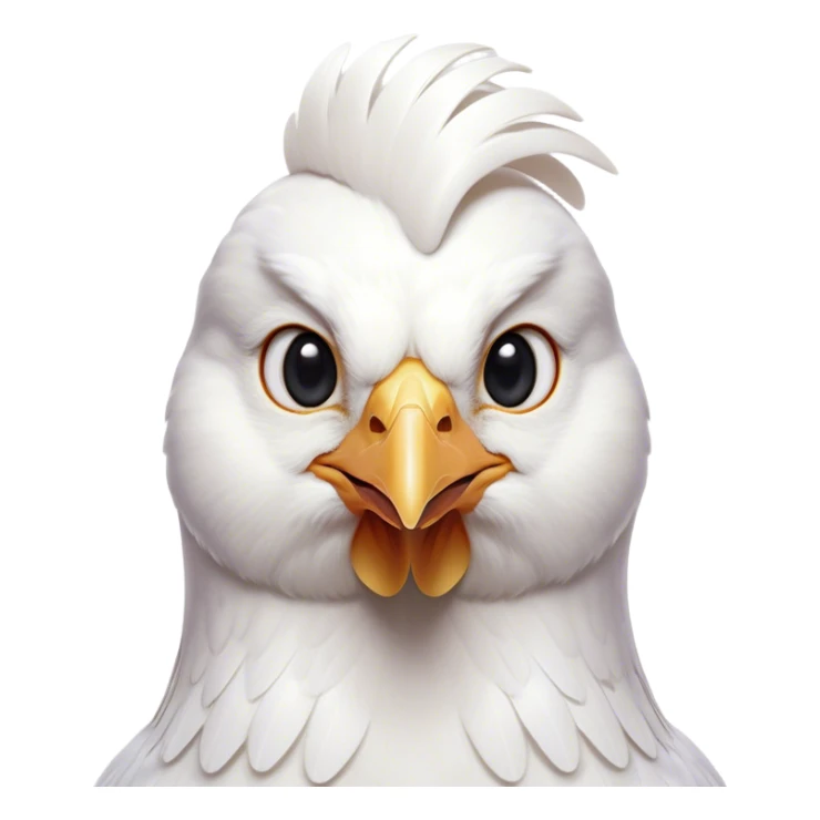 Cinematic Noble White Chicken Portrait Emoji, Poised and regal, with a compact, sturdy build and a pristine, well-groomed pure white plumage, deep-set soulful beady eyes, Simplified yet sharp and sophisticated features, highly detailed, glowing with a soft, dignified glow, high shine, intelligent and alert, stylized with an air of barnyard elegance, focused and attentive, soft glowing outline, capturing the essence of a watchful and confident fowl, so majestic it feels as though it could strut out of the screen with effortless authority! sticker