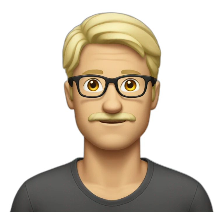 tall blonde man with glasses and mustache and tshirt sticker