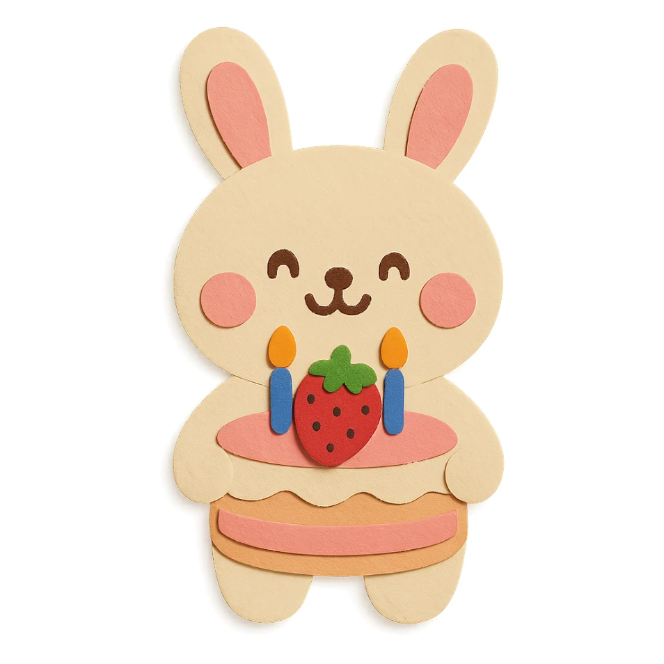 Make the bunny smile cutely, add a sweet and cheerful expression, keep the big strawberry birthday cake with candles sticker
