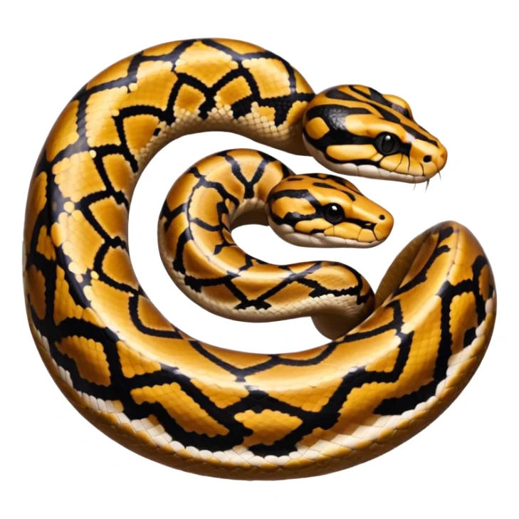 A photo-realistic top-down view of a Ball Python gently coiled into a tight spiral, with its head resting peacefully at the center. Its scales are warm brown with bold, irregular black markings, including the distinctive “alien-head” pattern, flowing smoothly along its body.  sticker