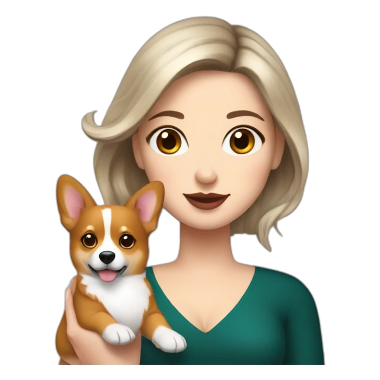 a white girl with dark hair holding a corgi and a cocktail sticker