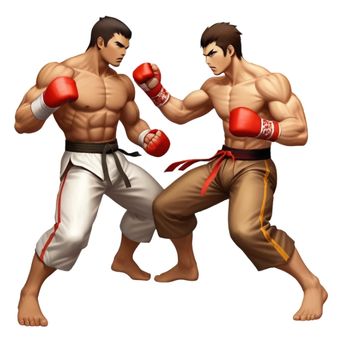 An icon showing two fighters in an intense battle, inspired by Tekken. The design features dynamic poses with powerful punches and kicks, surrounded by a vibrant, action-packed background. The characters are detailed, with glowing effects highlighting their strength. Transparent background. sticker