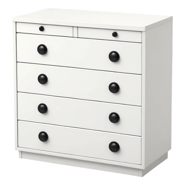 Minimalist white 6-drawer chest, one black knob per drawer, IKEA-like functionality sticker