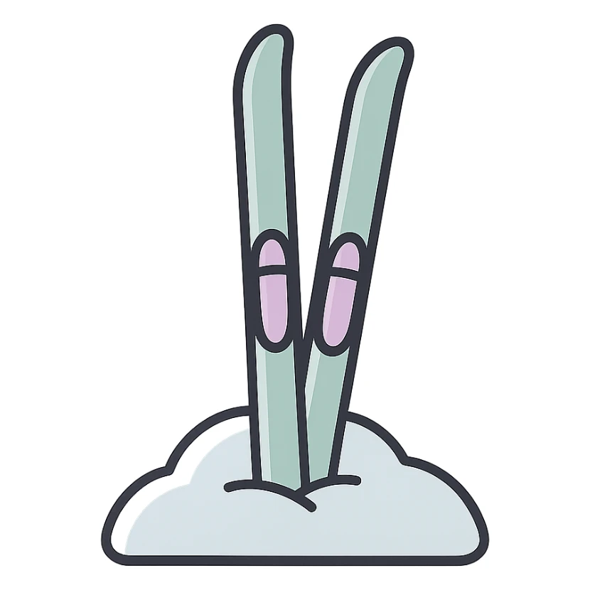 narrow cross-country skis stuck into a snowdrift, detailed shading, thin clean outlines, soft rounded features, pastel palette #98B5BC #B5B3C1 #C9A3C9 #E4C0CA #F7DCD1 #F7C0AA, Japanese pop art, sticker look, highly detailed, vector clarity, soft lighting, subtle shadows, transparent background sticker