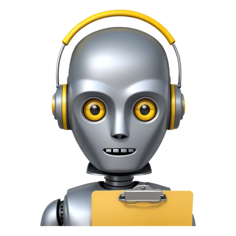 robot head, next to the head is a yellow clipboard checklist with a warning symbol on it sticker