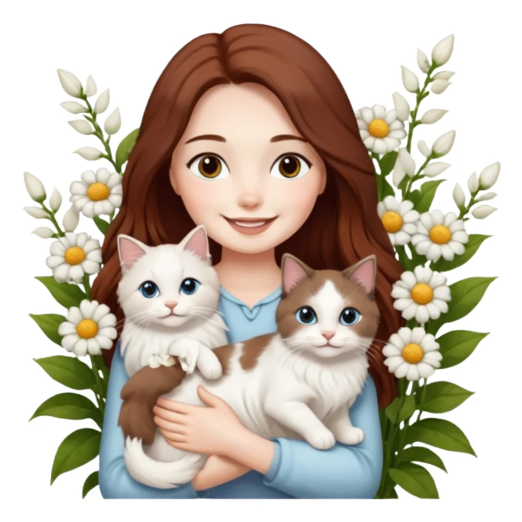 A woman with long dark auburn hair holding three white ragdoll cats in the flowers sticker