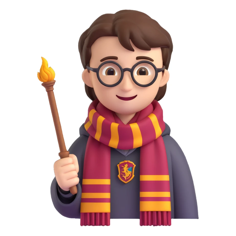 Harry Potter emoji with wand, Gryffindor scarf, smiling sticker