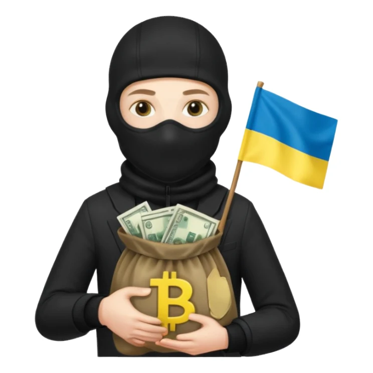 create an incredibly realistic white thief in a black suit and balaclava with a bag of money and a Ukrainian flag on it sticker
