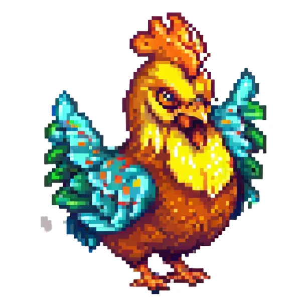 magical fire chicken, pixel art style, vibrant colors, fantasy theme sticker