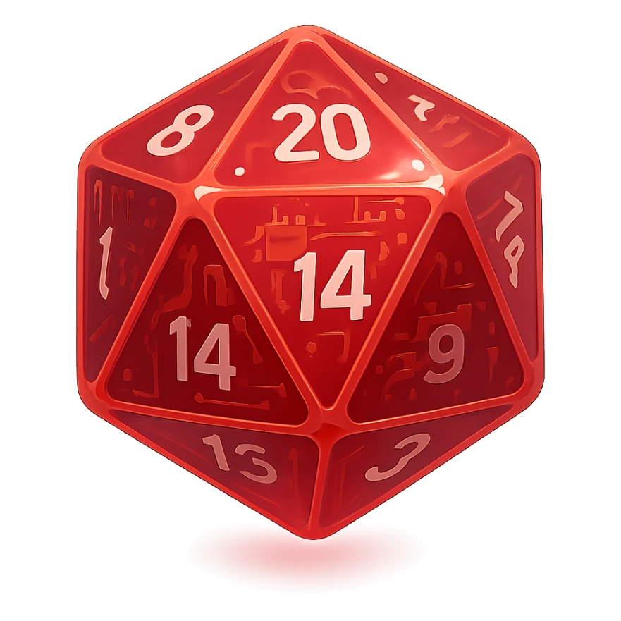 D20 dice, modern, sleek design, vibrant colors, glossy finish, red sticker
