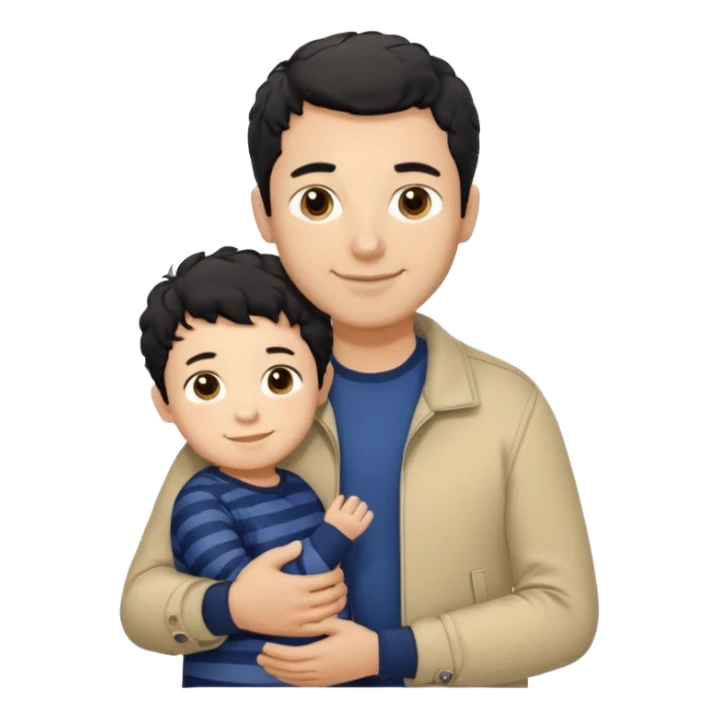 A father with short curly black hair and a friendly smile, dressed in a navy blue T-shirt and a beige jacket. He carries his child with soft straight dark hair wearing a tiny striped sweater. Bright, natural, heartwarming scene. sticker