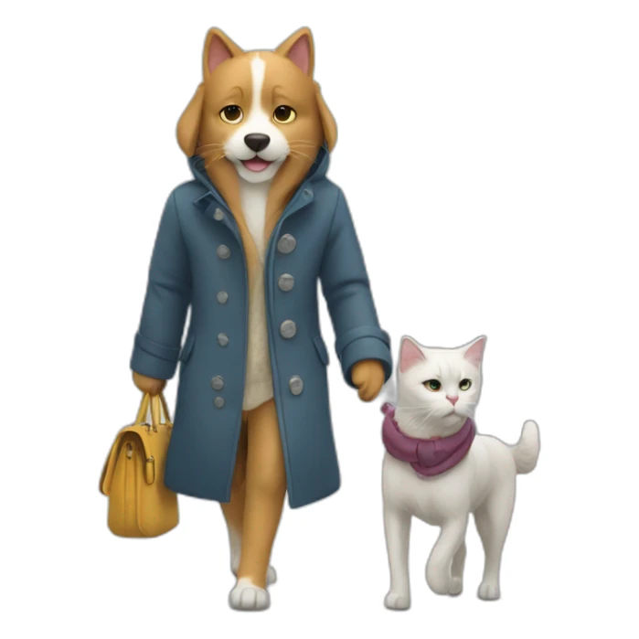 cat In a coat and dog in a coat walking together In park sticker