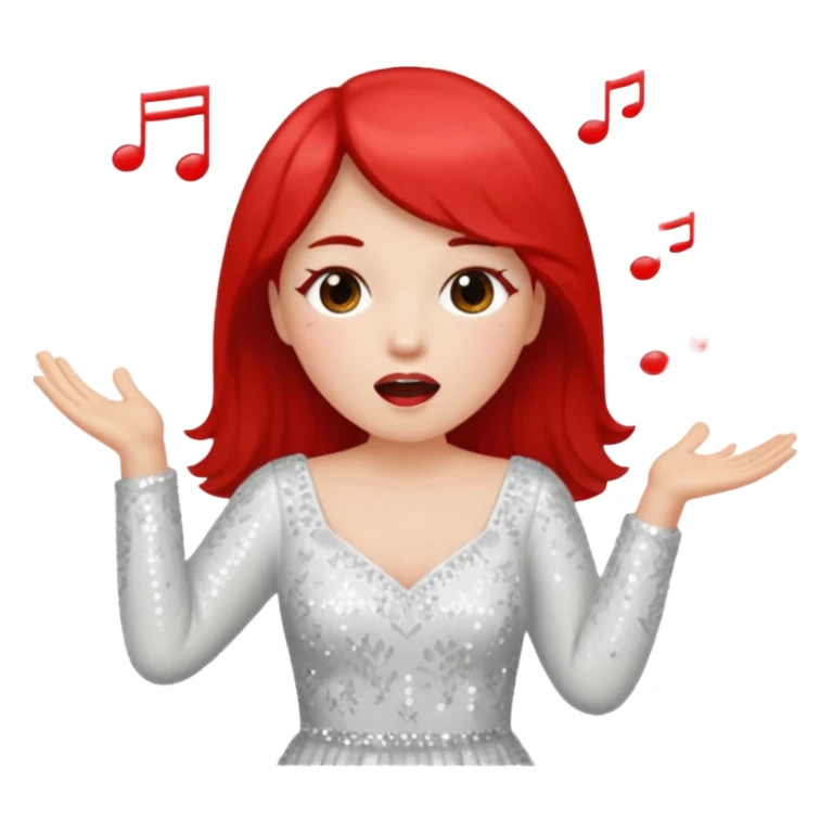 Singing with open eyes and red cheeks wearing long-sleeved sequined white dress  sticker