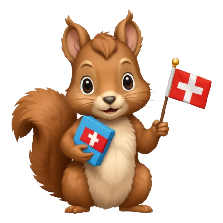 squirrel holding a gift in one hand and a Swiss flag in the other hand sticker