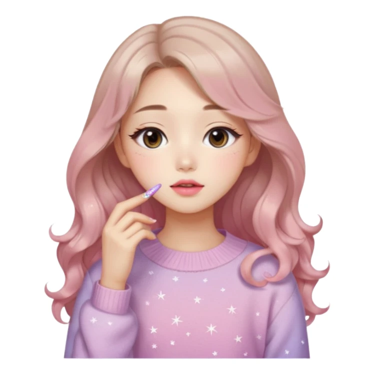 “korean Emoji girl, soft eyeliner, gradient rose lips, light brown shimmer eyeshadow, sparkly aegyo-sal, long wavy hair, cozy pastel sweater.” sticker