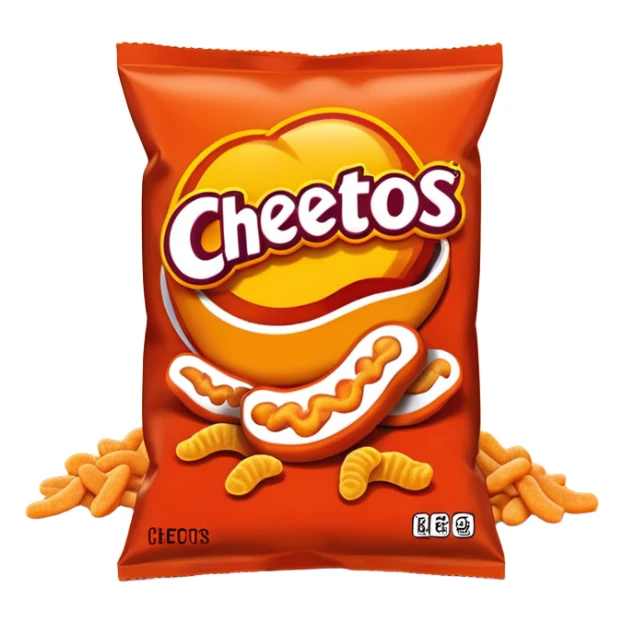 Draw a pack of Cheatos with bright orange-red packaging & crunchy snacks spilling out. sticker