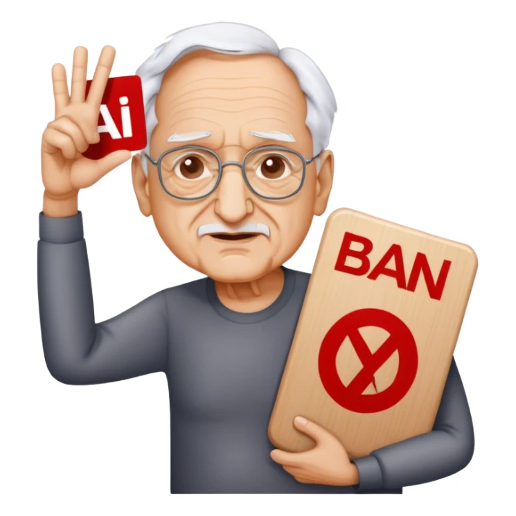 Frank Gehry with a "Ban AI" sign sticker