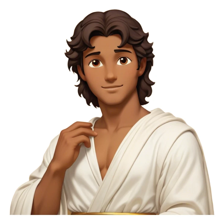 Cinematic Realistic Hercules Portrait, head tilted playfully and inquisitively, showcasing a charming blend of Disney heroic charisma and the refined grace of Michelangelo's David. His sun-kissed bronze skin and thick, wavy dark hair are rendered with classical precision, complementing a warm, inviting smile and sparkling, mischievous eyes. Clad in a softly draped white robe with subtle golden details, he exudes approachable strength under gentle, natural lighting. sticker