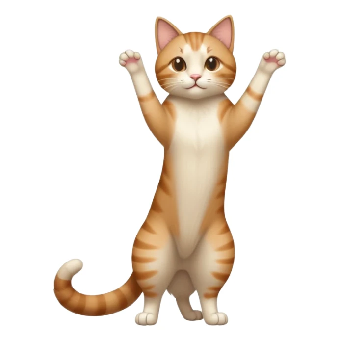 standing cat with tail raised upward, soft brown and beige colors, friendly calm expression, natural pose, warm lighting, flat illustration sticker