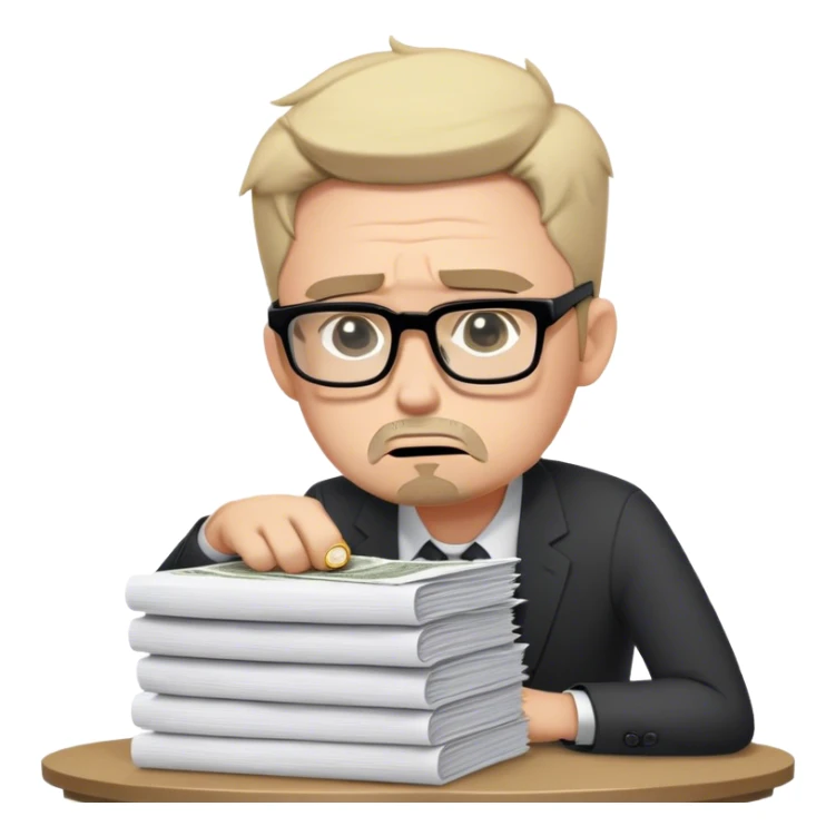 Create an emoji-style character of a sad business owner with black rectangular glasses and a light stubble (afternoon shadow beard, not a full beard). He looks frustrated and disappointed as he hands over a massive stack of work (papers, laptop, or files) in exchange for a tiny coin. His posture is slouched, and his facial expression conveys exhaustion and regret. The style should be simple, expressive, and instantly recognizable as an emoji. sticker